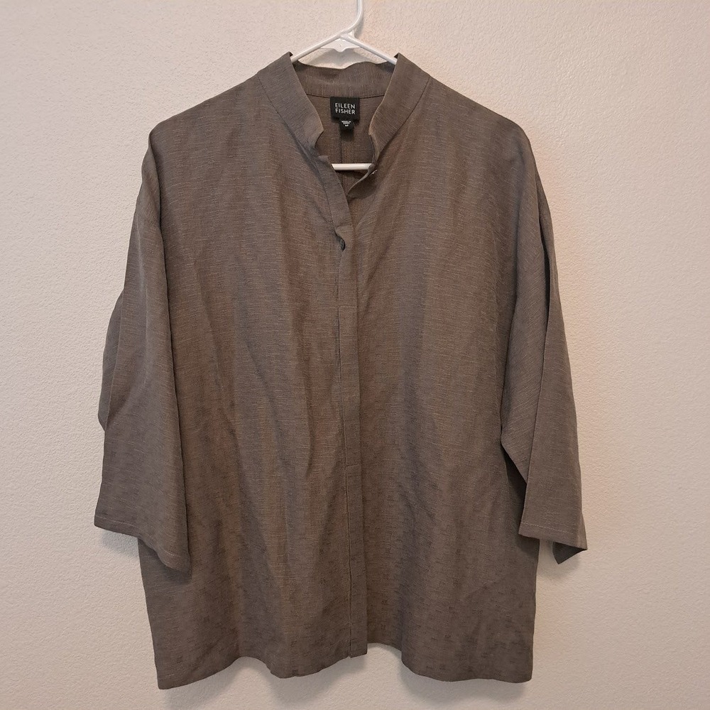 Eileen Fisher Silk Linen Blend Brown Textured Button Front Top Mandarin Collar M